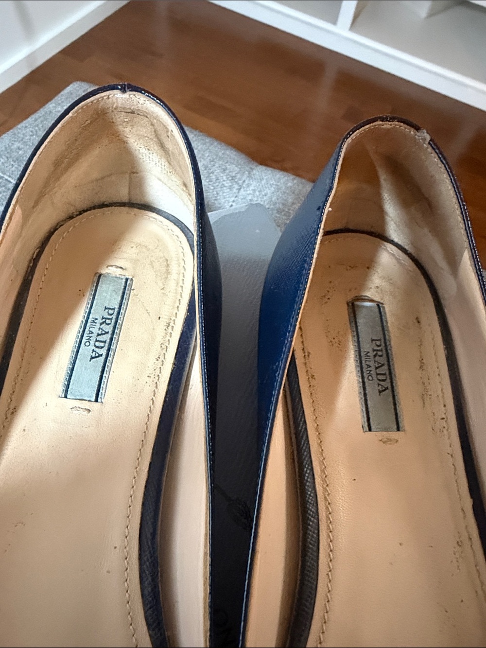 Prada Navy Textured Pointed Toe Bow Flats - Picture 5 of 5